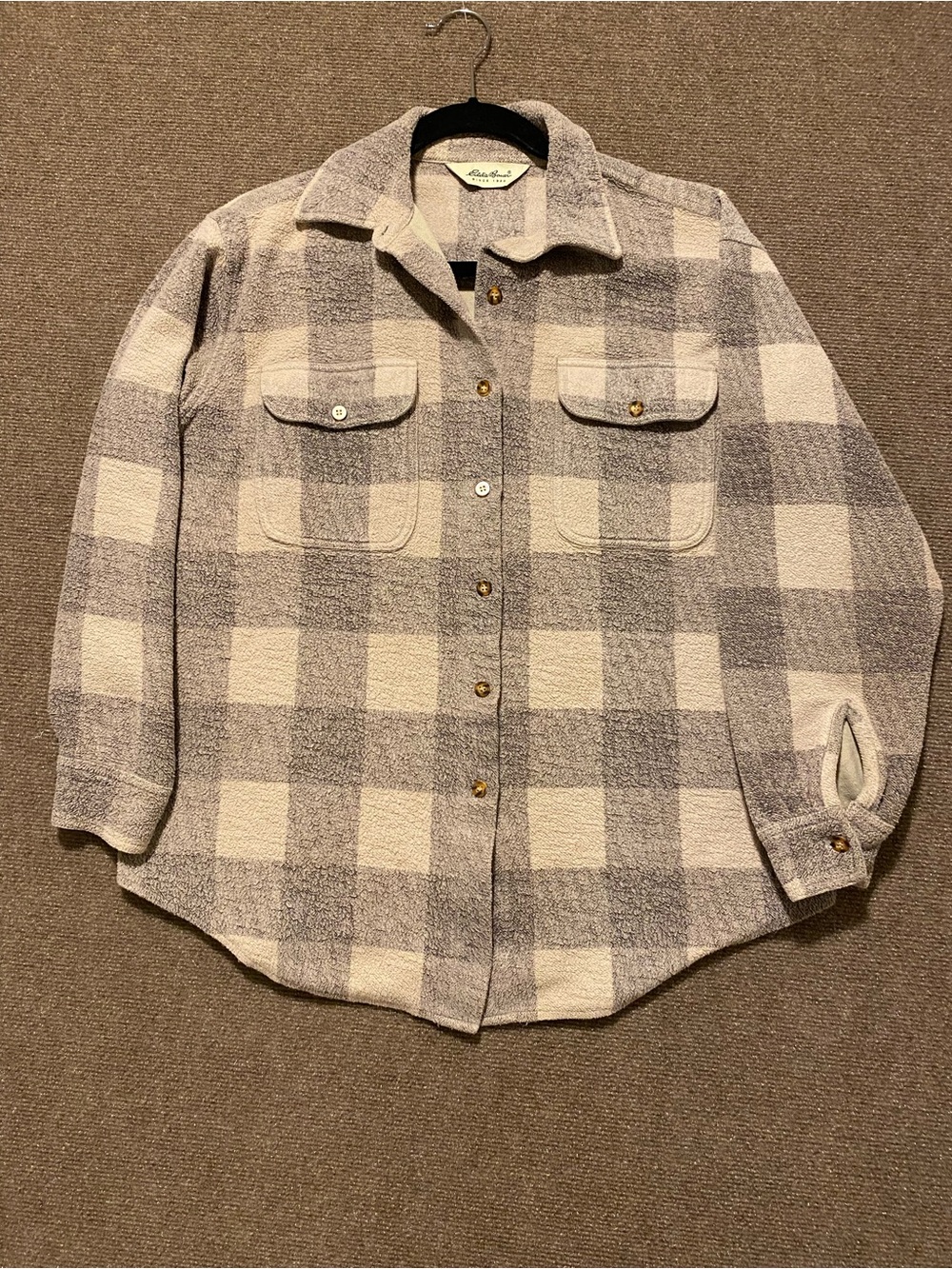 Eddie Bauer Plaid Fleece Shacket Shirt Jacket Gray Cream Womens S
